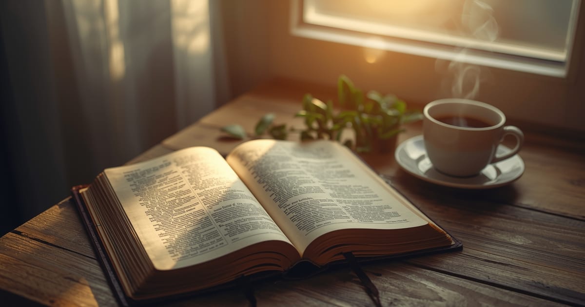 bíblia aberta sobre mesa de madeira com uma xícara de café e luz da manhã entrando pela janela