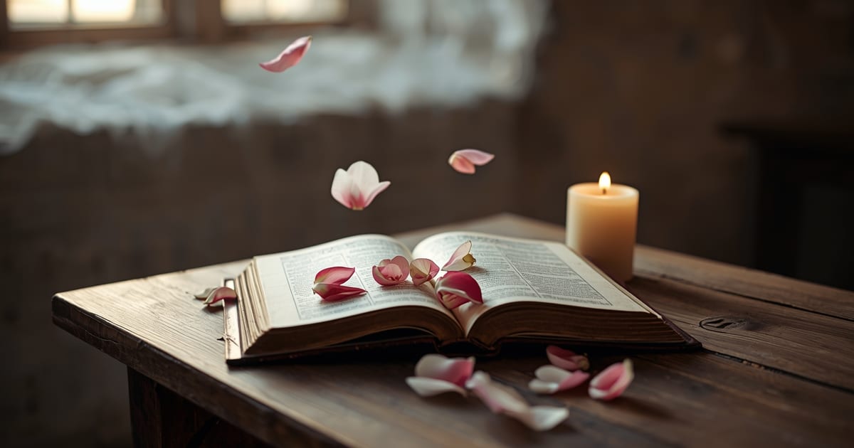 rosas cor-de-rosa e brancas caindo sobre um livro antigo aberto ao lado de uma vela