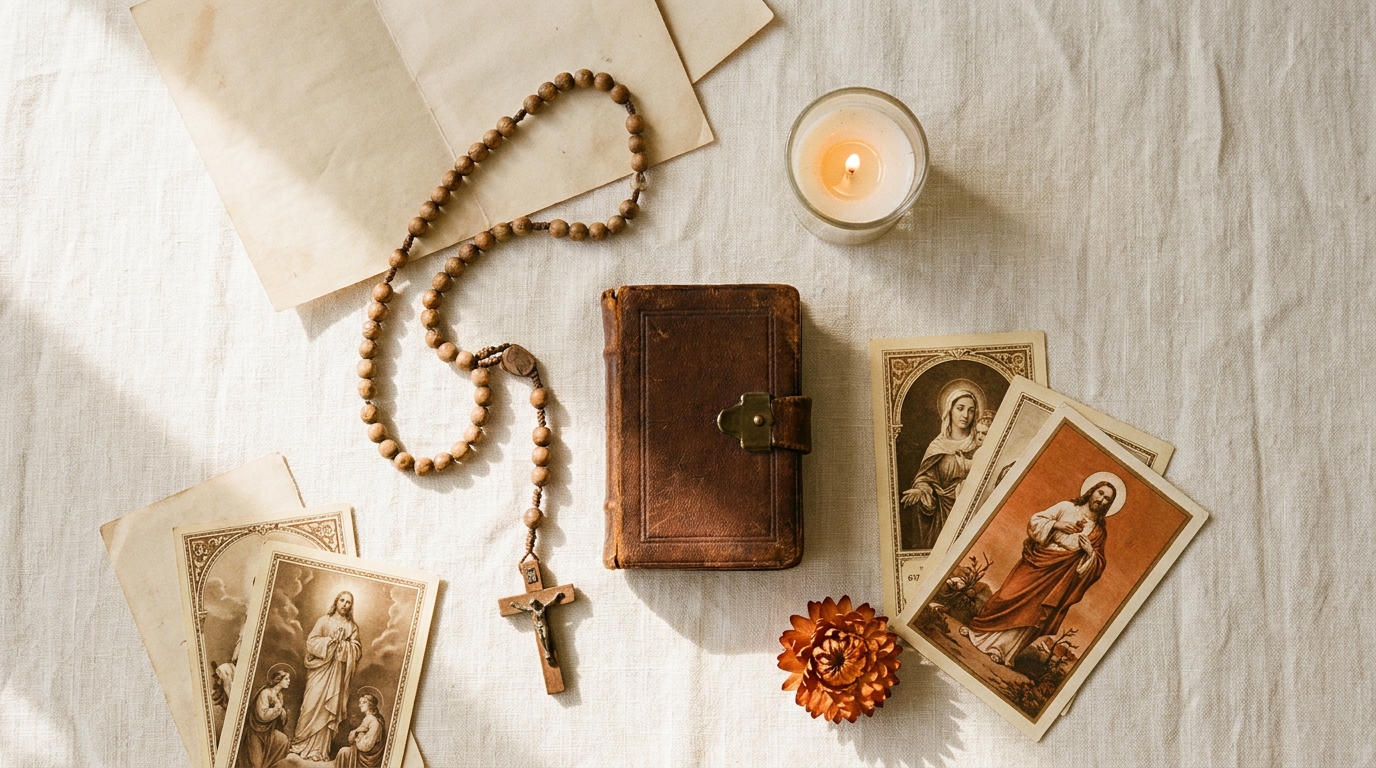 livro de orações aberto com terço e vela sobre mesa de madeira