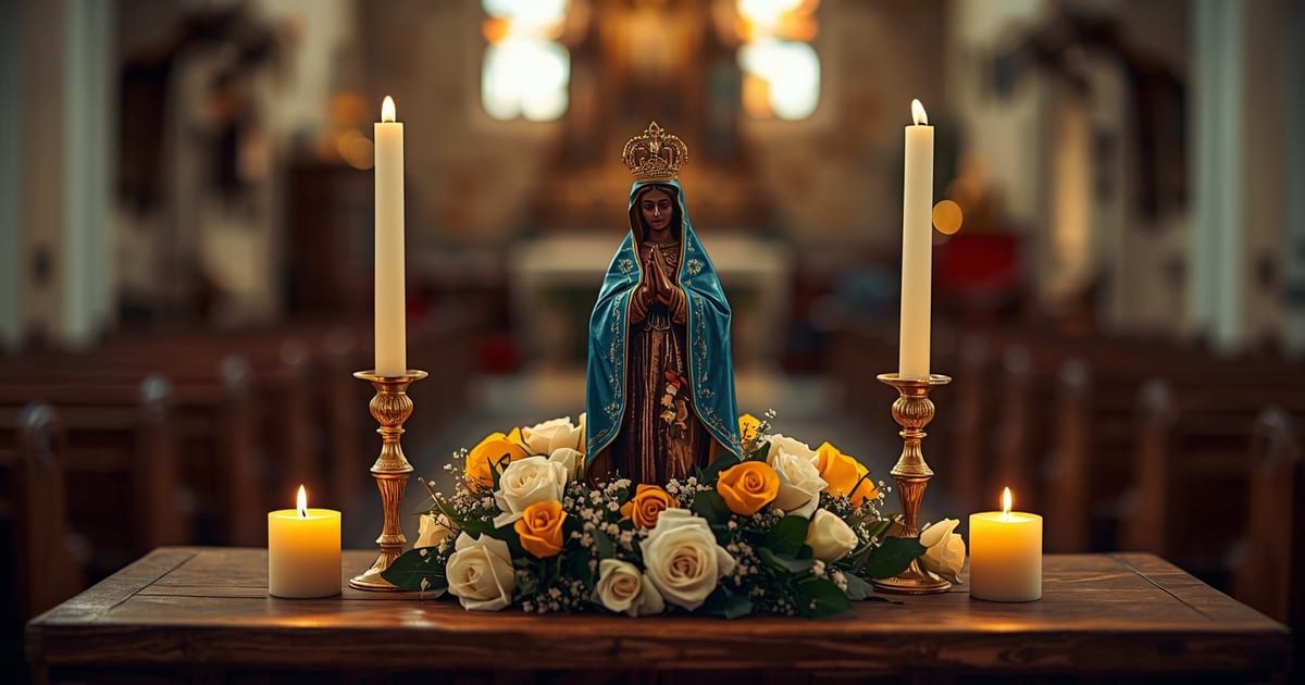 imagem de nossa senhora aparecida com manto azul entre velas e rosas