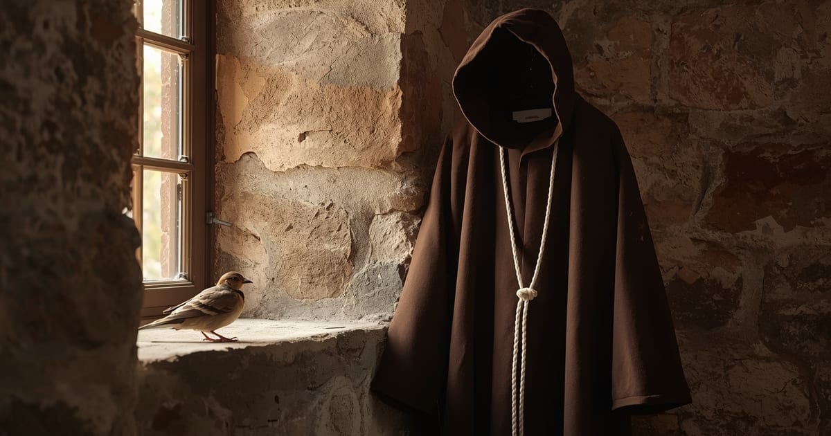 hábito marrom franciscano com corda de três nós pendurado numa parede de pedra ao lado de uma janela iluminada