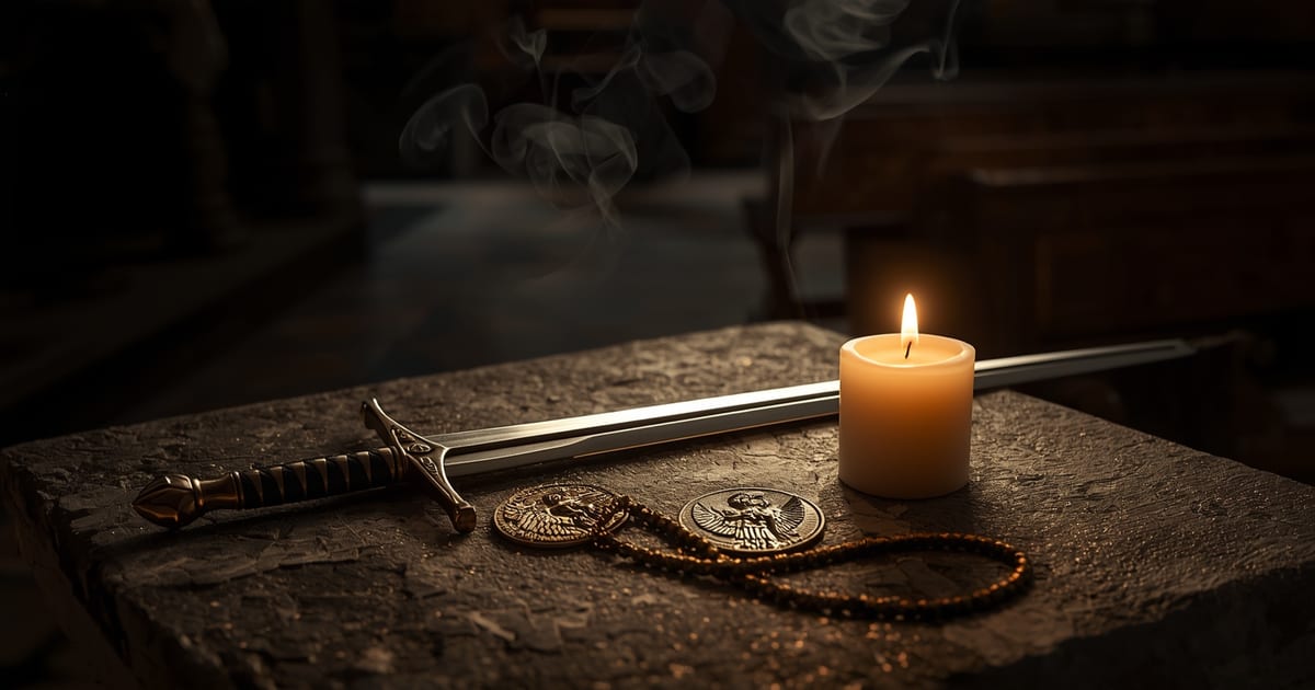 espada antiga e medalha de são miguel sobre altar de pedra à luz de vela