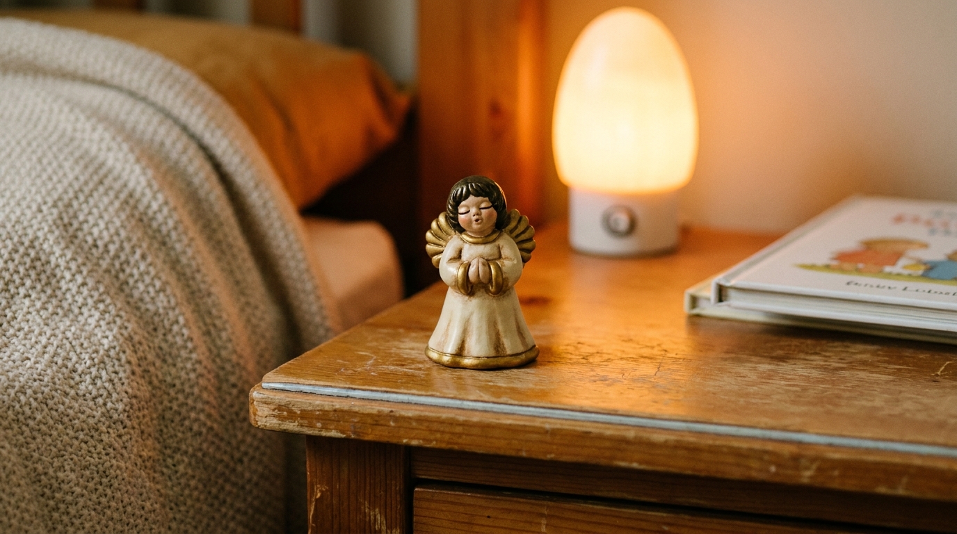cama de criança ao lado de uma janela com luz suave e uma pena branca